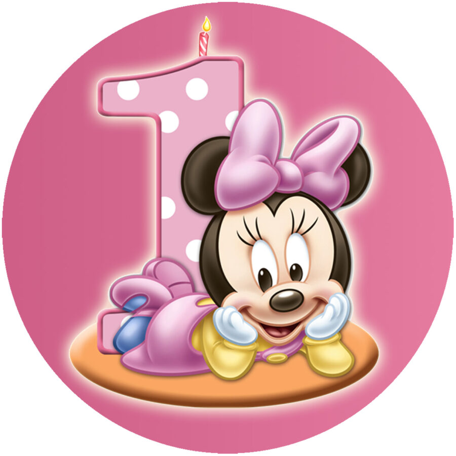 Cialda in ostia per torta PRIMO COMPLEANNO TOPOLINA BABY MINNIE, personalizzata con nome, disco, dolce, torte, cialde, ostie, cake topper