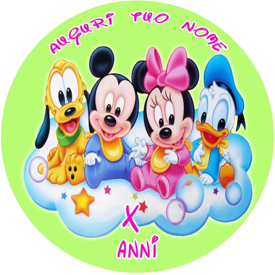 Cialda in ostia per torta PRIMO COMPLEANNO TOPOLINA BABY MINNIE, personalizzata con nome, disco, dolce, torte, cialde, ostie, cake topper