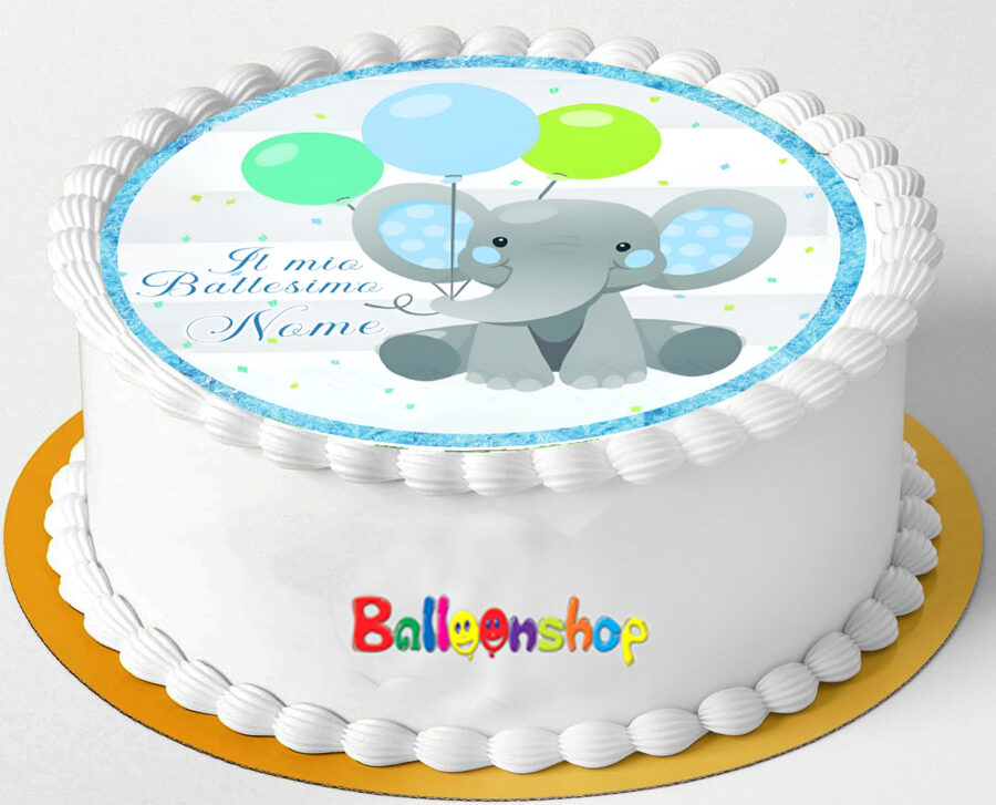 Cialda in ostia per torta tonda commestibile senza glutine BATTESIMO BIMBO ELEFANTINO, BAMBINO, personalizzata con nome, dolce, torte, cialde, ostie, cake topper, decorazioni, CG