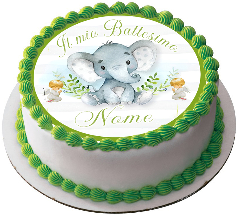Cialda in ostia per torta tonda commestibile senza glutine BATTESIMO BIMBO ELEFANTINO, BAMBINO, personalizzata con nome, dolce, torte, cialde, ostie, cake topper, decorazioni, DB