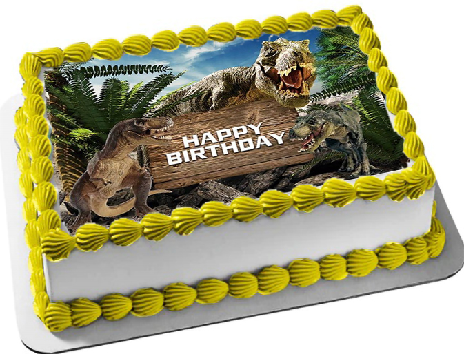 Cialda ostia senza glutine per torta rettangolare, DINOSAURI, DINOSAURO, T-REX, personalizzata con nome, disco, dolce, torte, cialde, foglio, ostie, cake topper, decorazioni, AI