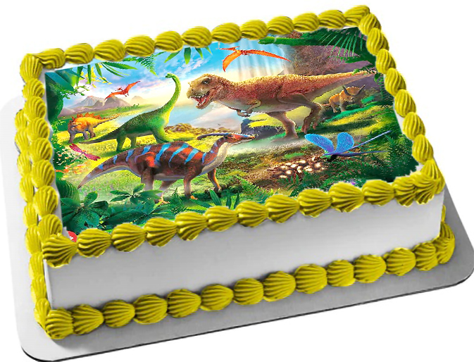 Cialda ostia senza glutine per torta rettangolare, DINOSAURI, DINOSAURO, T-REX, personalizzata con nome, disco, dolce, torte, cialde, foglio, ostie, cake topper, decorazioni, AN