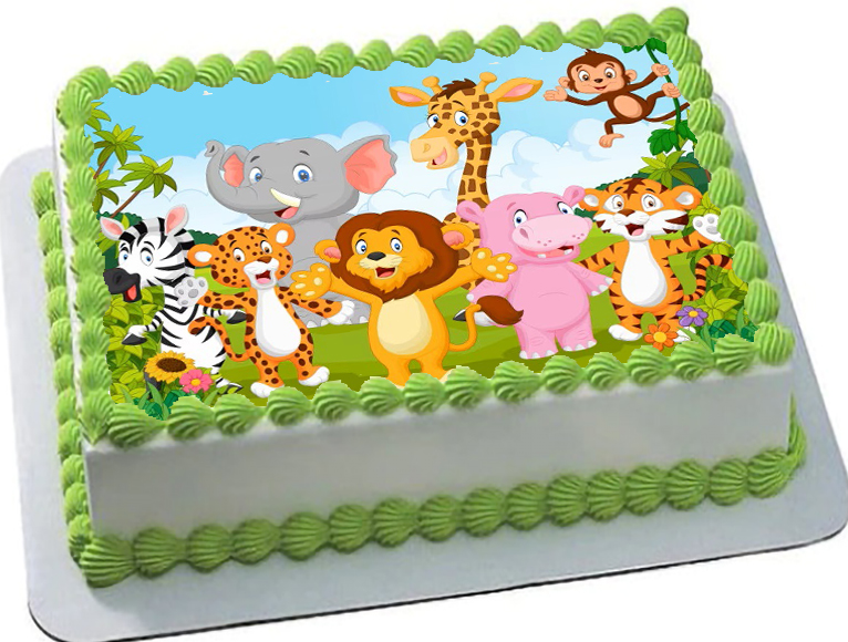 Cialda ostia senza glutine per torta rettangolare, ANIMALI GIUNGLA, personalizzata con nome, disco, dolce, torte, cialde, ostie, cake topper, decorazioni, AD