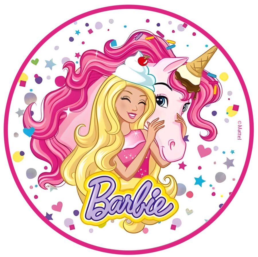 Cialda in ostia per torta tonda commestibile senza glutine, BARBIE UNICORNO, personalizzata con nome, disco, dolce, torte, cialde, fogli, ostie, cake topper, decorazioni, DC