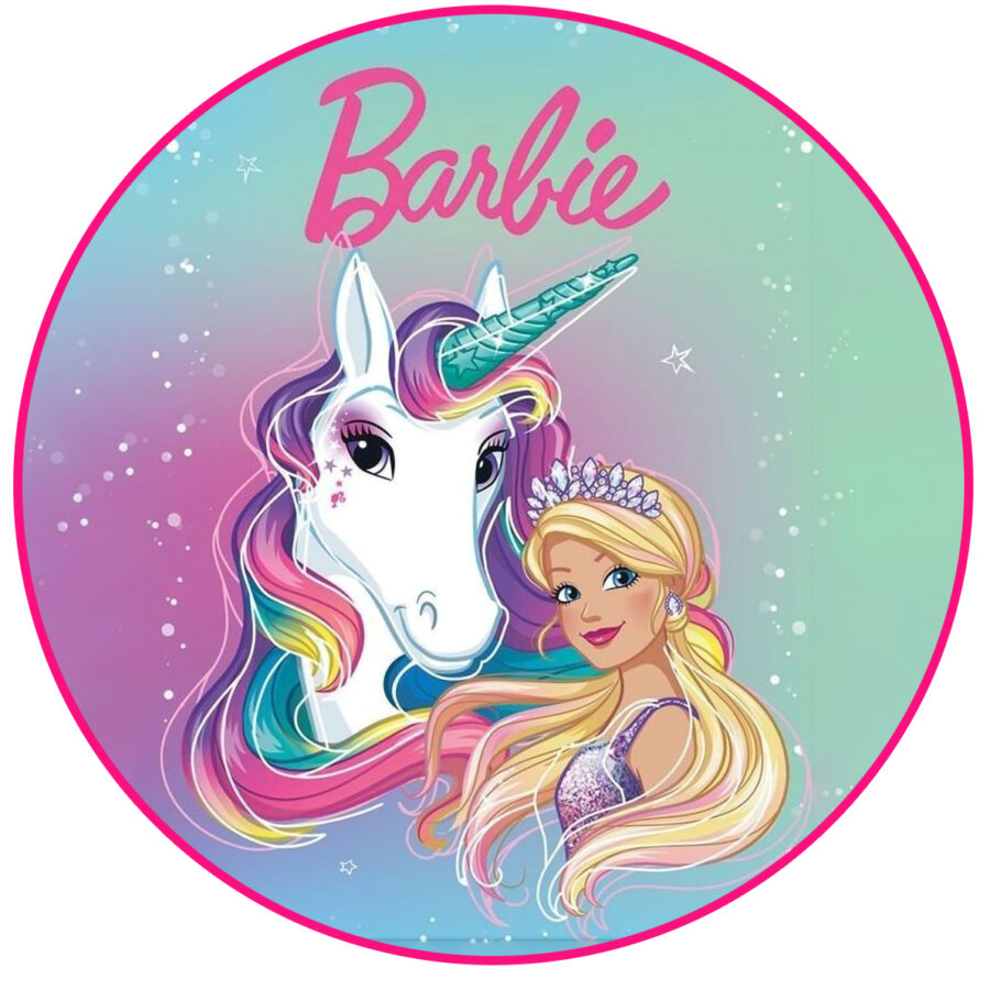 Cialda in ostia per torta tonda commestibile senza glutine, BARBIE UNICORNO, personalizzata con nome, disco, dolce, torte, cialde, fogli, ostie, cake topper, decorazioni, CS