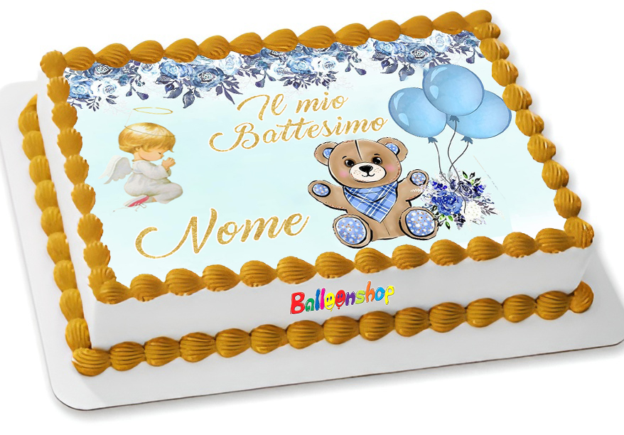 Cialda in ostia per torta rettangolare commestibile senza glutine BATTESIMO ORSETTO BIMBO, BAMBINO, personalizzata con nome, dolce, torte, cialde, ostie, cake topper, decorazioni, AI