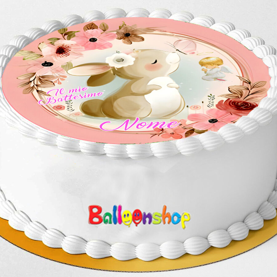 Cialda in ostia per torta tonda commestibile senza glutine BATTESIMO CONIGLIETTO, BIMBA, BAMBINA, personalizzata con nome, dolce, torte, cialde, ostie, cake topper, decorazioni, AU