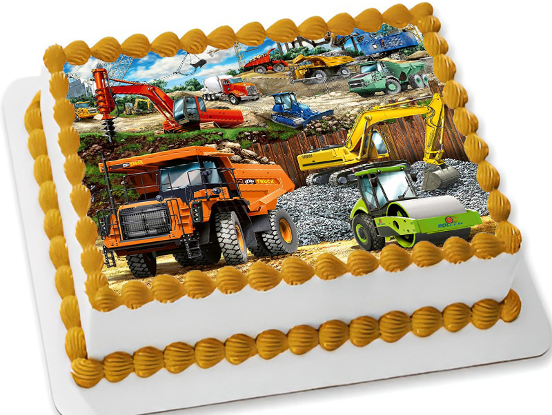 Cialda ostia senza glutine per torta rettangolare, CANTIERE, CAMION, RUSPA, ESCAVATORE, personalizzata con nome, disco, dolce, torte, cialde, ostie, cake topper, decorazioni, AO