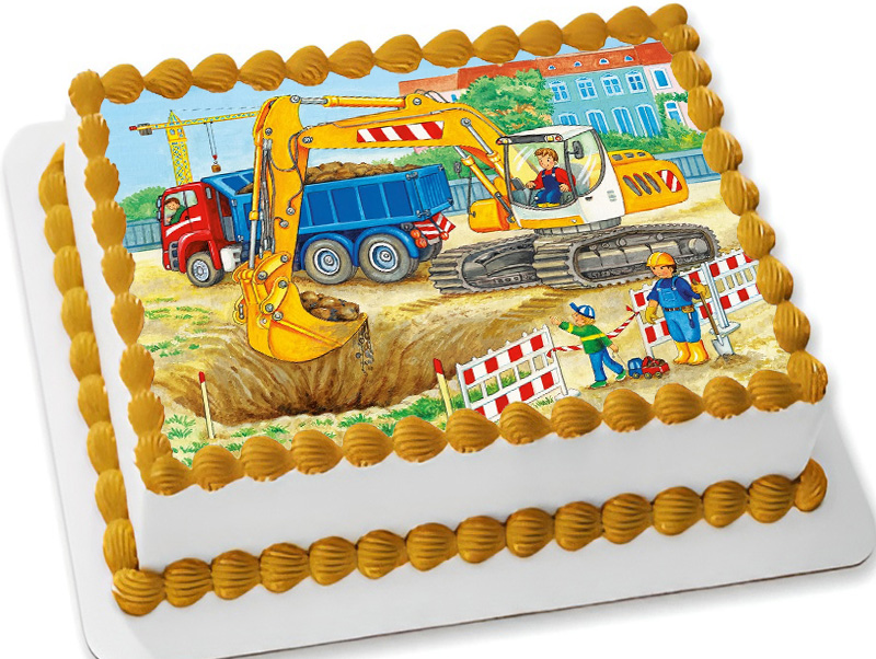 Cialda ostia senza glutine per torta rettangolare, CANTIERE, CAMION, RUSPA, ESCAVATORE, personalizzata con nome, disco, dolce, torte, cialde, ostie, cake topper, decorazioni, AQ