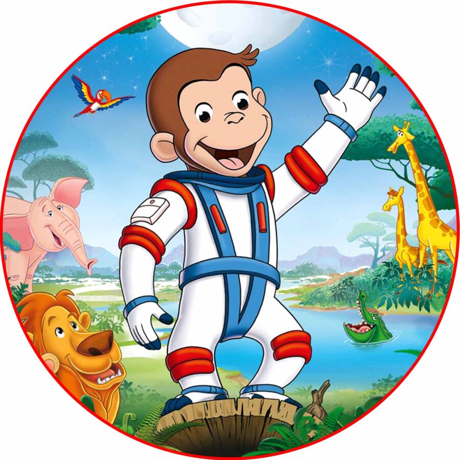 Cialda in ostia per torta tonda commestibile senza glutine, CURIOSO COME GEORGE, SCIMMIETTA, personalizzata con nome, disco, dolce, torte, cialde, fogli, ostie, cake topper, decorazioni, AG