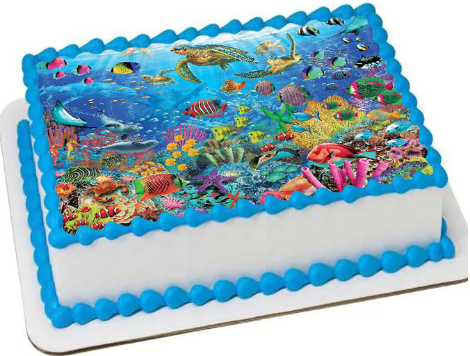 Cialda ostia senza glutine per torta rettangolare, FONDALE MARINO, MARE, PESCI, personalizzata con nome, disco, dolce, torte, cialde, ostie, cake topper, decorazioni, AI