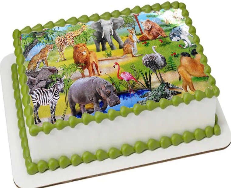 Cialda ostia senza glutine per torta rettangolare, ANIMALI GIUNGLA, personalizzata con nome, disco, dolce, torte, cialde, ostie, cake topper, decorazioni, AE