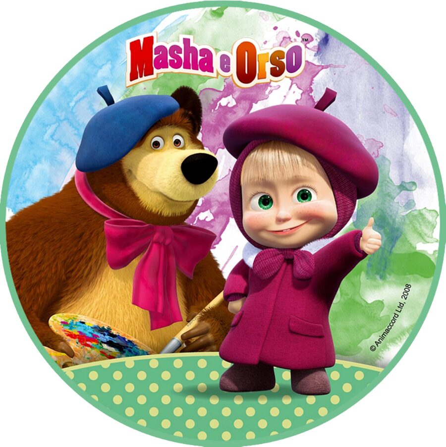 Cialda in ostia senza glutine per torta tonda, MASHA E ORSO, personalizzata con nome, disco, dolce, torte, cialde, fogli, ostie, cake topper, decorazioni, BC