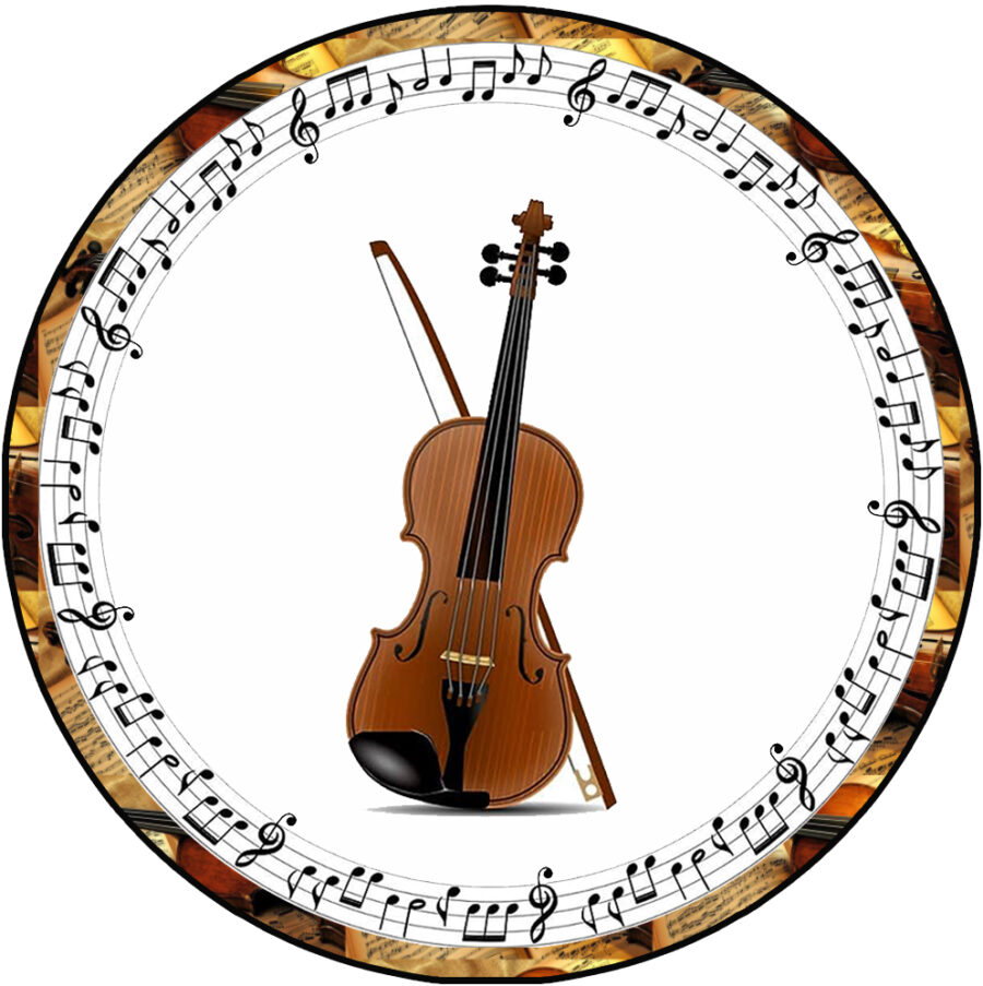 Cialda in ostia commestibile per torta tonda MUSICA, VIOLINO, STRUMENTO, NOTE MUSICALI, personalizzata con nome, disco, dolce, torte, cialde, foglio, ostie, cake topper, decorazioni, BG