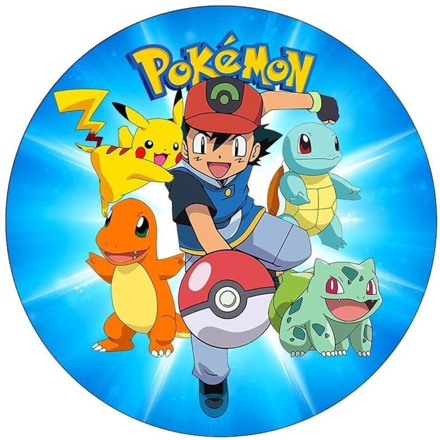 Cialda in ostia commestibile per torta tonda POKEMON ASH E PIKACHU, personalizzata con nome, disco, dolce, torte, cialde, ostie, cake topper, decorazioni, 64