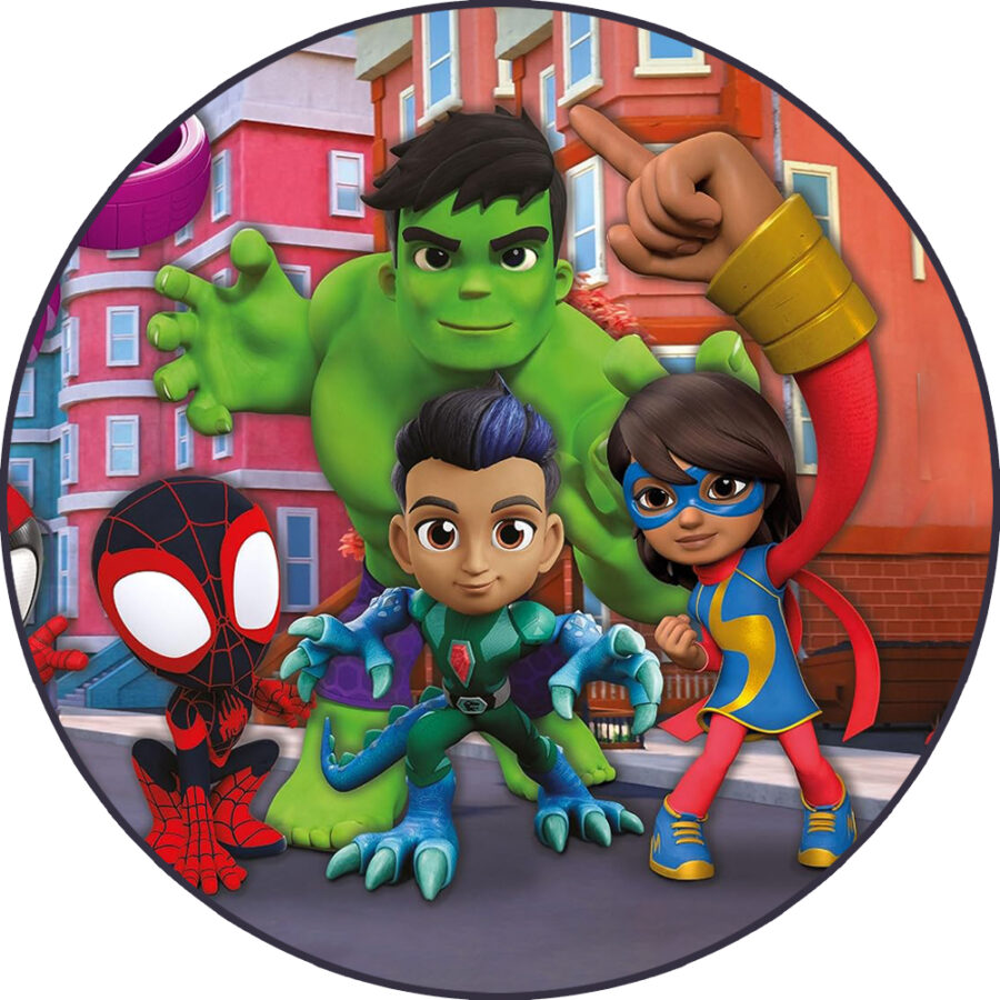 Cialda ostia per torta senza glutine tonda, SPIDEY E I SUOI FANTASTICI AMICI, personalizzata con nome, disco, dolce, torte, cialde, ostie, cake topper, BP