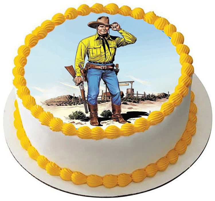 Cialda in ostia commestibile per torta tonda TEX WILLER, COWBOY, personalizzata con nome, disco, dolce, torte, cialde, foglio, ostie, cake topper, decorazioni, AD