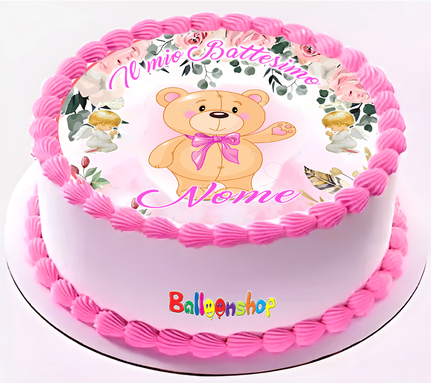 Cialda in ostia per torta tonda commestibile senza glutine BATTESIMO BIMBA ORSETTO, BAMBINA, personalizzata con nome, dolce, torte, cialde, ostie, cake topper, decorazioni, BO