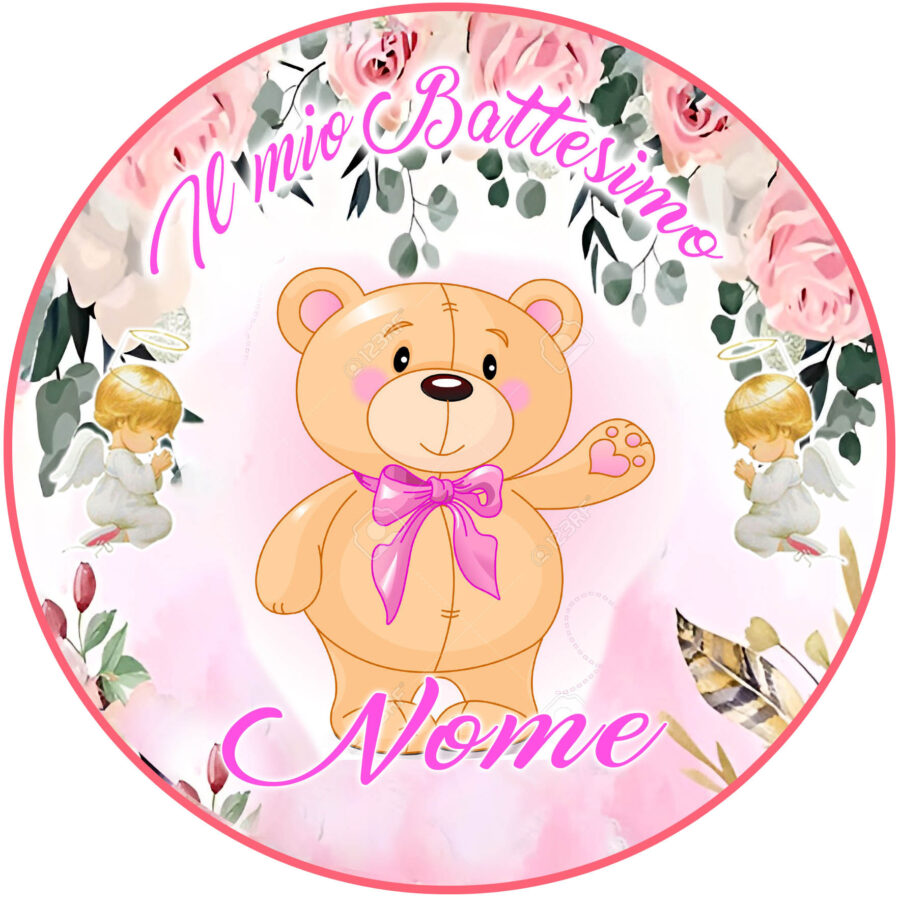 Cialda in ostia per torta tonda commestibile senza glutine BATTESIMO BIMBA ORSETTO, BAMBINA, personalizzata con nome, dolce, torte, cialde, ostie, cake topper, decorazioni, BO - immagine 2