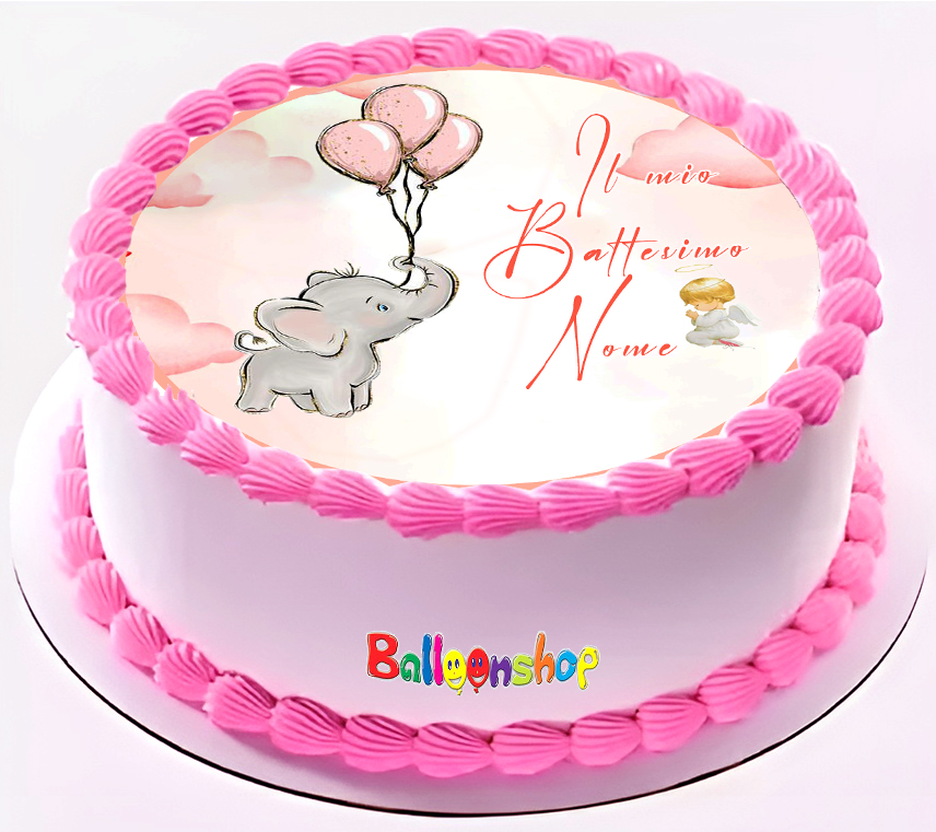 Cialda in ostia per torta tonda commestibile senza glutine BATTESIMO BIMBA ELEFANTINO, BAMBINA, personalizzata con nome, dolce, torte, cialde, ostie, cake topper, decorazioni, BS