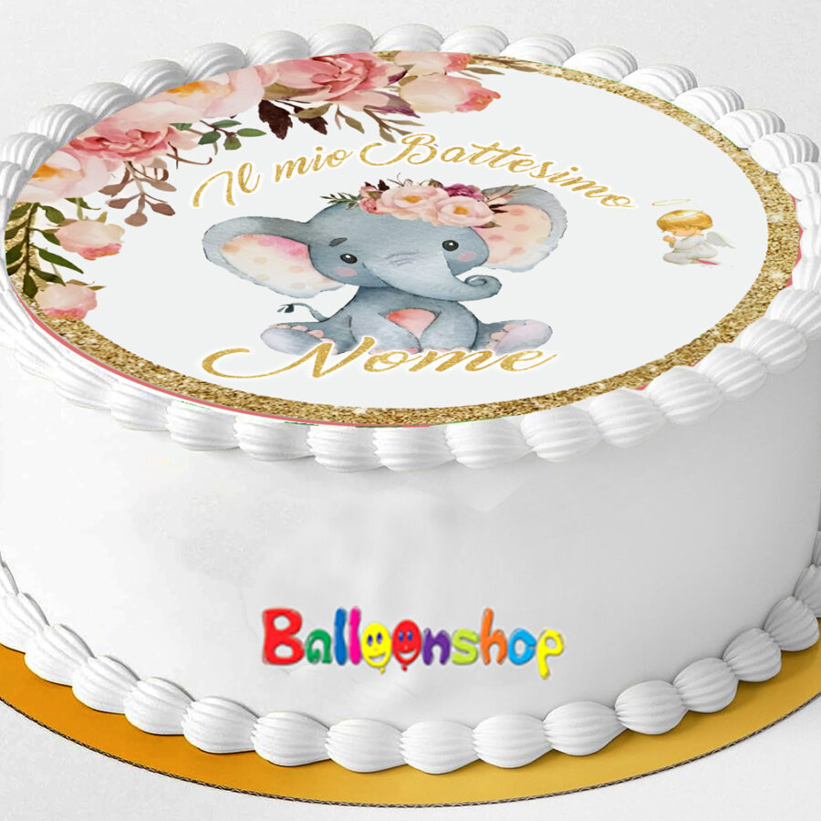 Cialda in ostia per torta tonda commestibile senza glutine BATTESIMO BIMBA ELEFANTINO, BAMBINA, personalizzata con nome, dolce, torte, cialde, ostie, cake topper, decorazioni, BZ