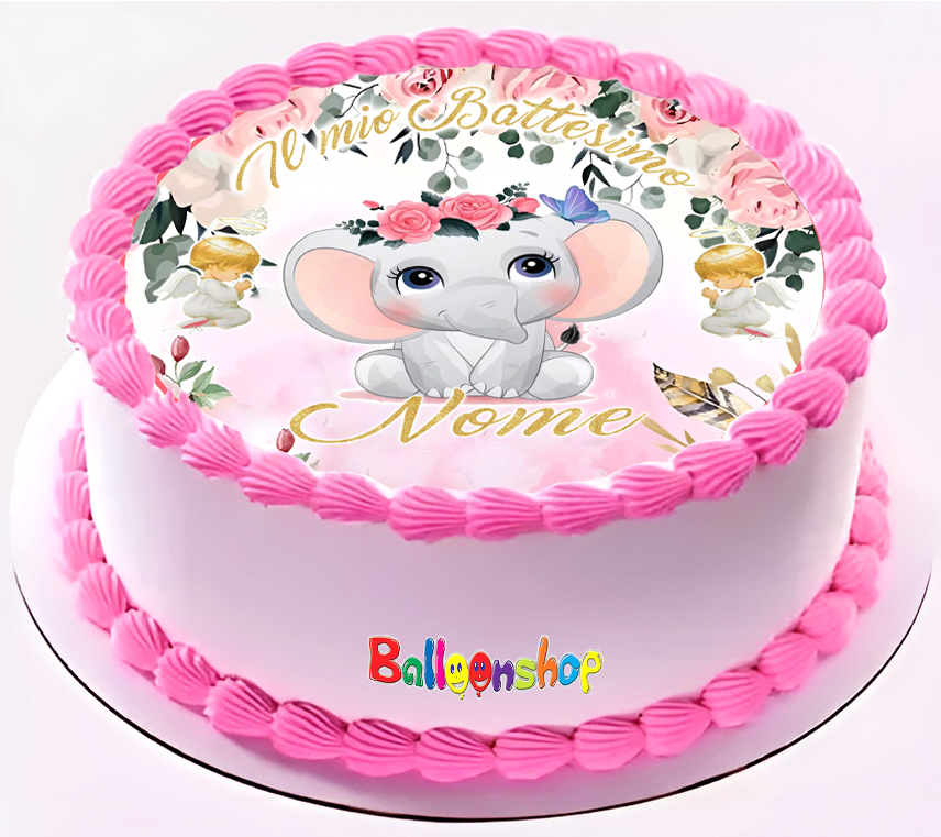 Cialda in ostia per torta tonda commestibile senza glutine BATTESIMO BIMBA ELEFANTINO, BAMBINA, personalizzata con nome, dolce, torte, cialde, ostie, cake topper, decorazioni, BL