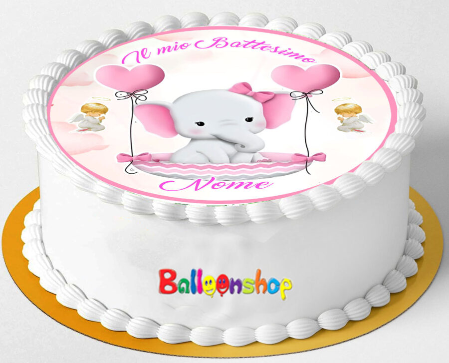 Cialda in ostia per torta tonda commestibile senza glutine BATTESIMO BIMBA ELEFANTINO, BAMBINA, personalizzata con nome, dolce, torte, cialde, ostie, cake topper, decorazioni, CB