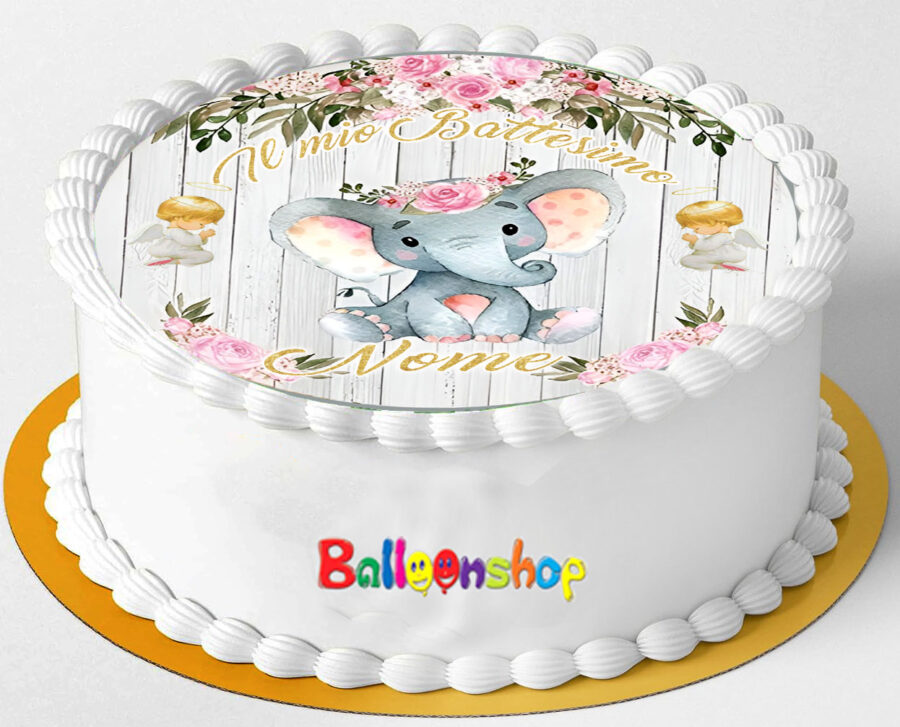 Cialda in ostia per torta tonda commestibile senza glutine BATTESIMO BIMBA ELEFANTINO, BAMBINA, personalizzata con nome, dolce, torte, cialde, ostie, cake topper, decorazioni, CD