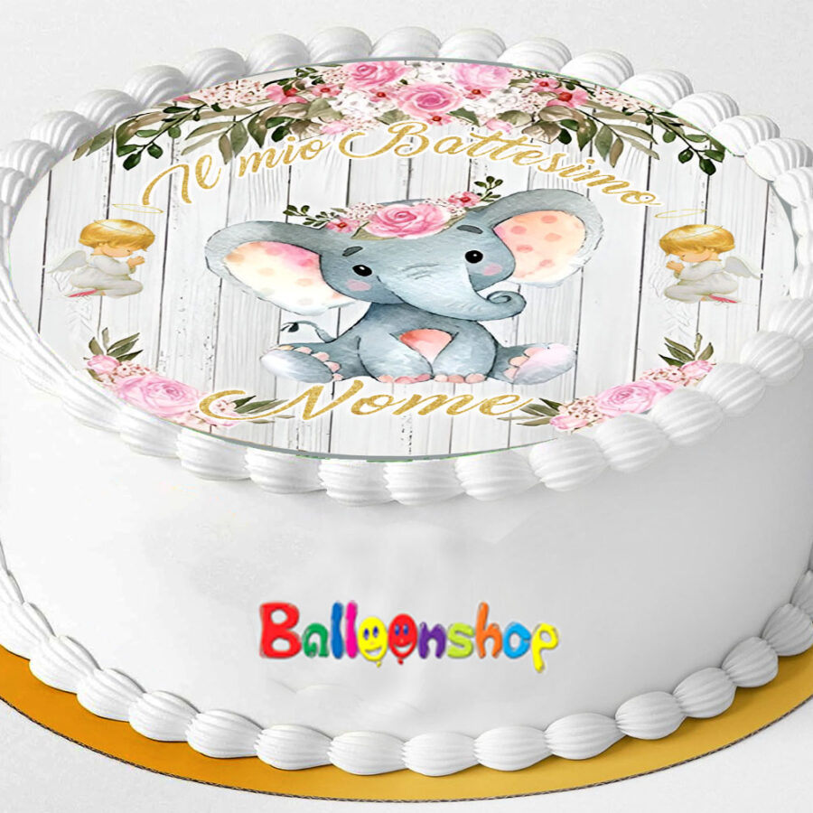 Cialda in ostia per torta tonda commestibile senza glutine BATTESIMO BIMBA ELEFANTINO, BAMBINA, personalizzata con nome, dolce, torte, cialde, ostie, cake topper, decorazioni, CD
