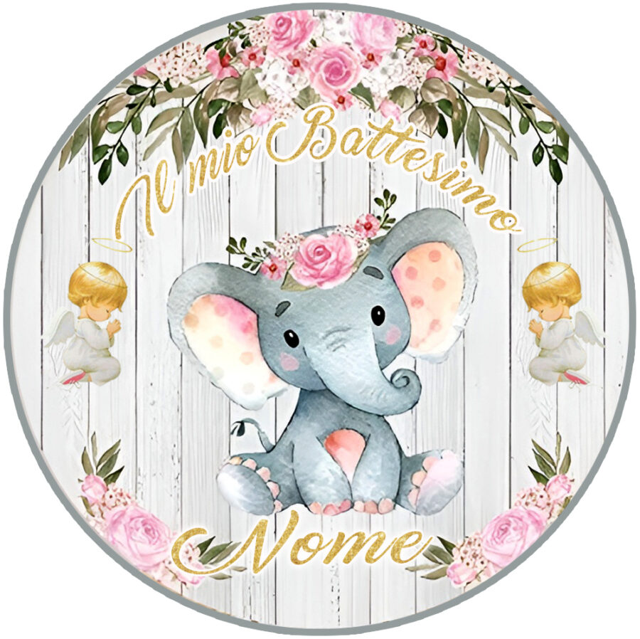 Cialda in ostia per torta tonda commestibile senza glutine BATTESIMO BIMBA ELEFANTINO, BAMBINA, personalizzata con nome, dolce, torte, cialde, ostie, cake topper, decorazioni, CD - immagine 2
