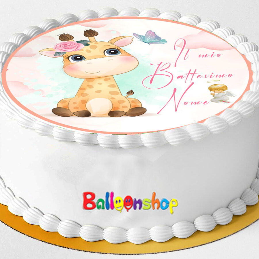 Cialda in ostia per torta tonda commestibile senza glutine BATTESIMO BIMBA GIRAFFA, BAMBINA, personalizzata con nome, dolce, torte, cialde, ostie, cake topper, decorazioni, CE