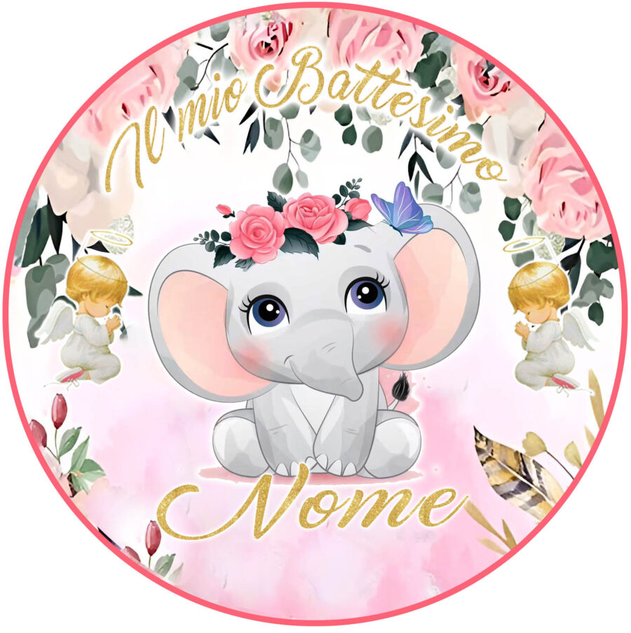 Cialda in ostia per torta tonda commestibile senza glutine BATTESIMO BIMBA ELEFANTINO, BAMBINA, personalizzata con nome, dolce, torte, cialde, ostie, cake topper, decorazioni, BL - immagine 2