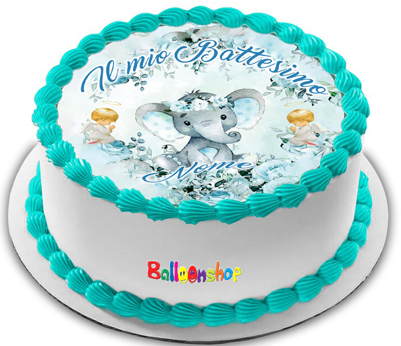 Cialda in ostia per torta tonda commestibile senza glutine BATTESIMO BIMBO ELEFANTINO, BAMBINO, personalizzata con nome, dolce, torte, cialde, ostie, cake topper, decorazioni, BN