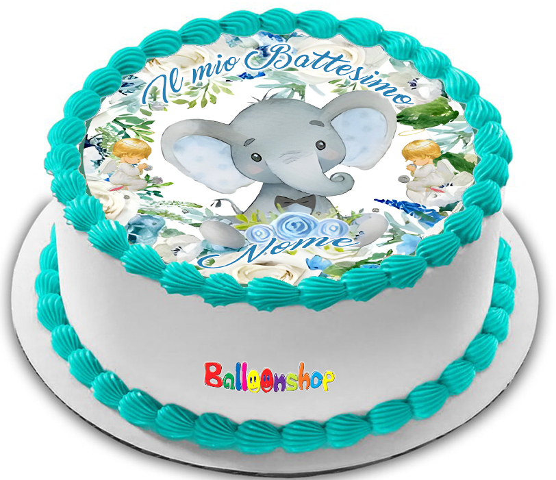 Cialda in ostia per torta tonda commestibile senza glutine BATTESIMO BIMBO ELEFANTINO, BAMBINO, personalizzata con nome, dolce, torte, cialde, ostie, cake topper, decorazioni, BO