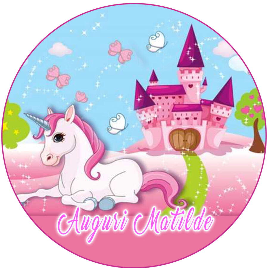 Cialda in ostia commestibile per torta tonda UNICORNO CASTELLO, personalizzata con nome, disco, dolce, torte, cialde, ostie, cake topper, decorazioni, 07