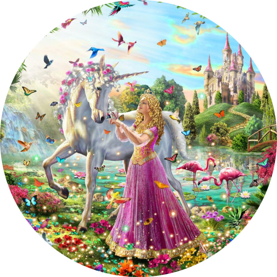 Cialda in ostia commestibile per torta tonda UNICORNO CASTELLO, personalizzata con nome, disco, dolce, torte, cialde, ostie, cake topper, decorazioni, 09