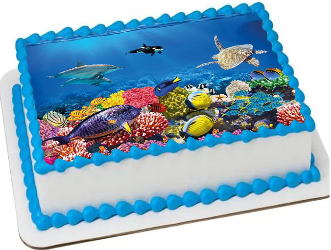 Cialda ostia senza glutine per torta rettangolare, FONDALE MARINO, ACQUARIO, PESCI, personalizzata con nome, disco, dolce, torte, cialde, ostie, cake topper, decorazioni, AZ