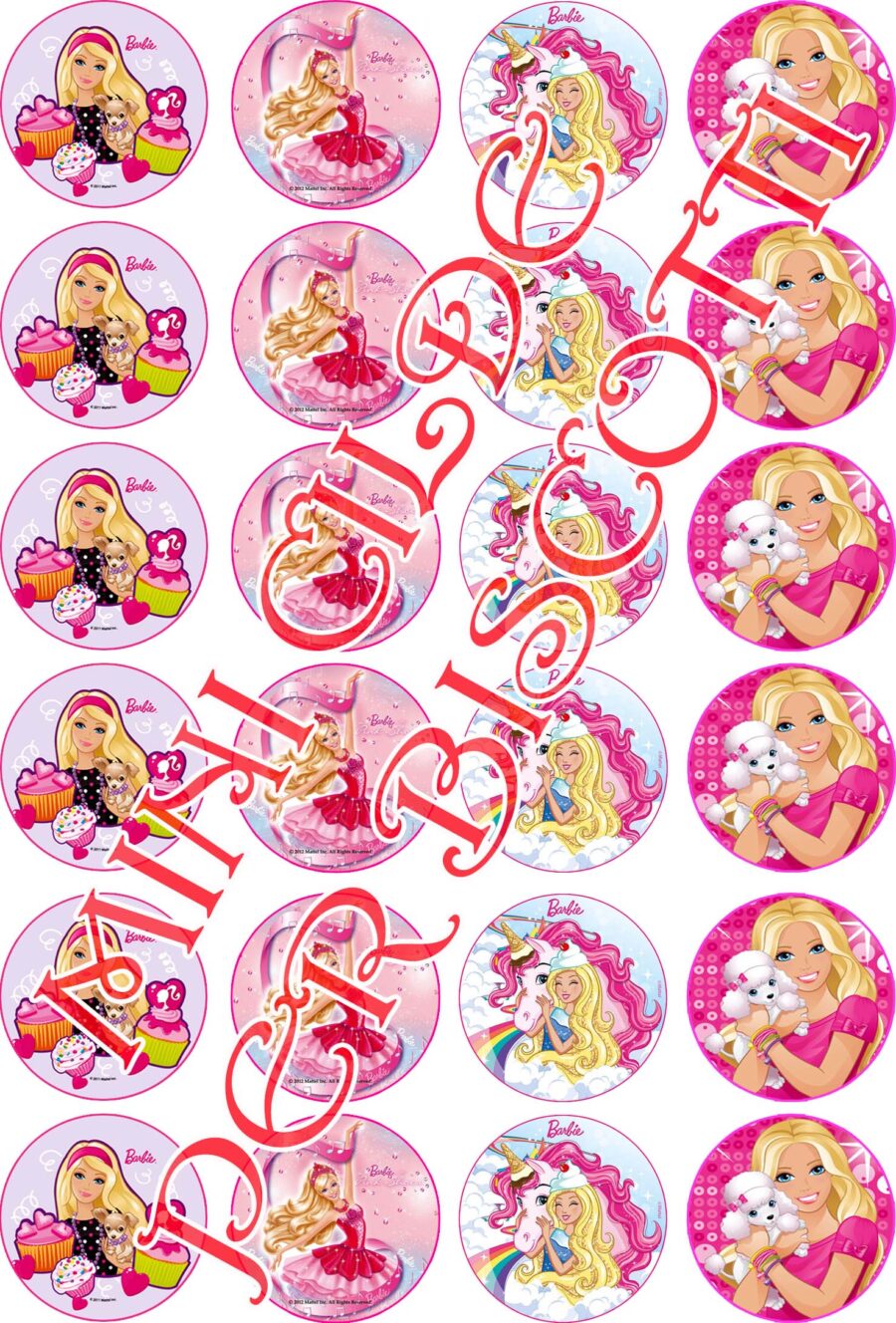 Mini cialde in ostia commestibili tonde per personalizzare biscotti e cupcakes BARBIE, dischetti, sagome per dolci, cup cake, biscotti, muffin, dolcetti , toppers, disco, 011