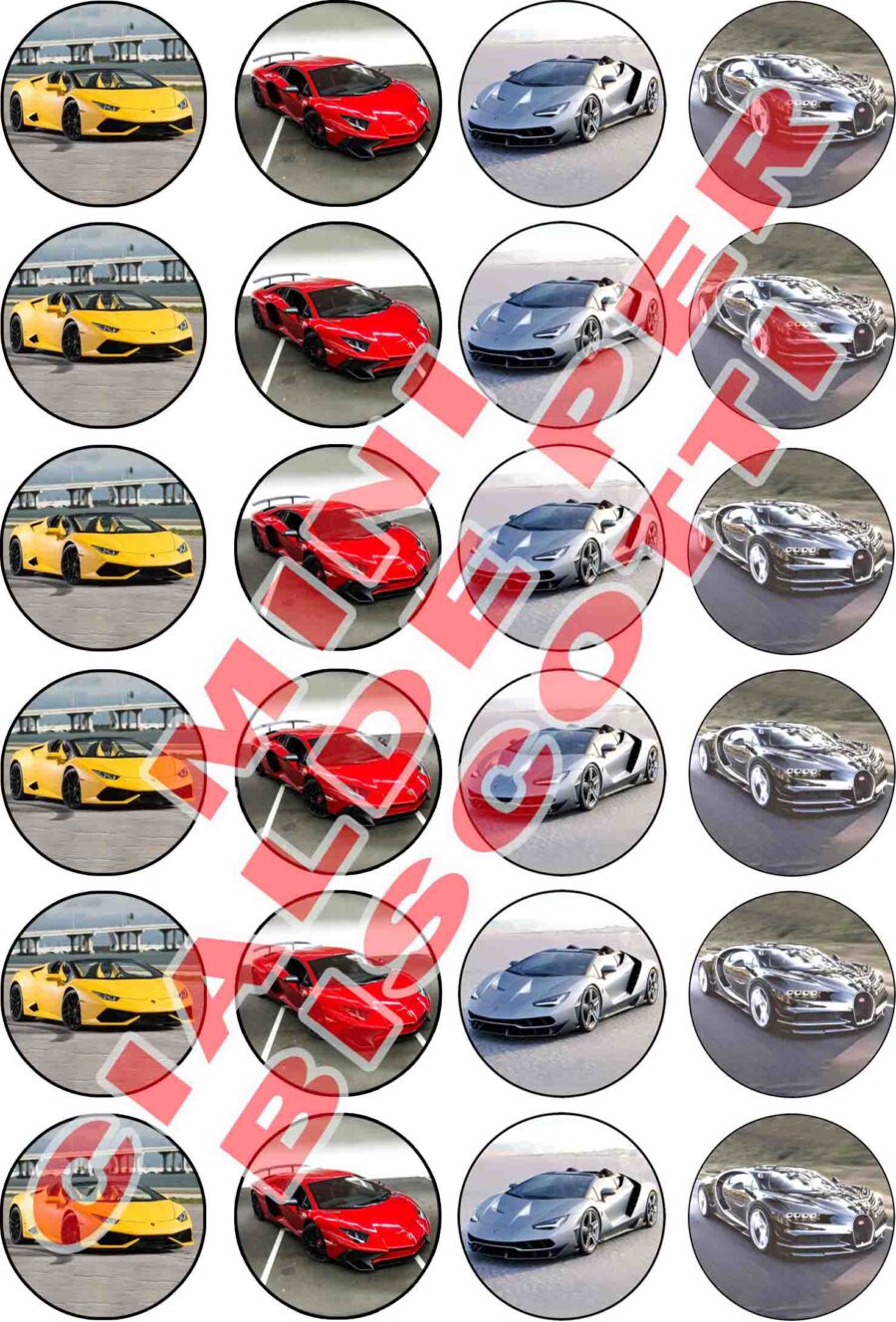 Mini cialde in ostia commestibili tonde per personalizzare biscotti e cupcakes AUTO DI LUSSO E SPORTIVE, dischetti, sagome per dolci, cup cake, biscotti, muffin, dolcetti , toppers, disco, AA