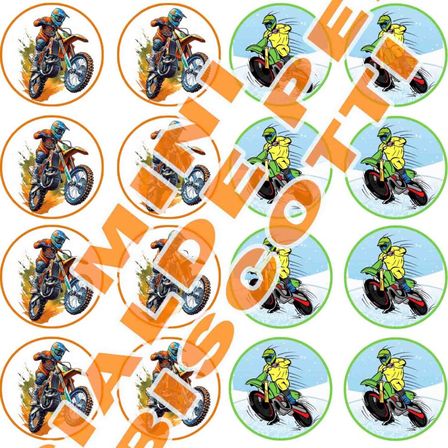 Mini cialde in ostia commestibili tonde per personalizzare biscotti e cupcakes MOTOCROSS, MOTO DA CROSS, dischetti, sagome per dolci, cup cake, biscotti, muffin, dolcetti , toppers, disco, AB