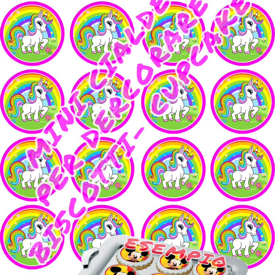 Mini cialde in ostia commestibili tonde per personalizzare biscotti e cupcakes UNICORNO ARCOBALENO, dischetti, sagome per dolci, cup cake, biscotti, muffin, dolcetti , toppers, disco, 010