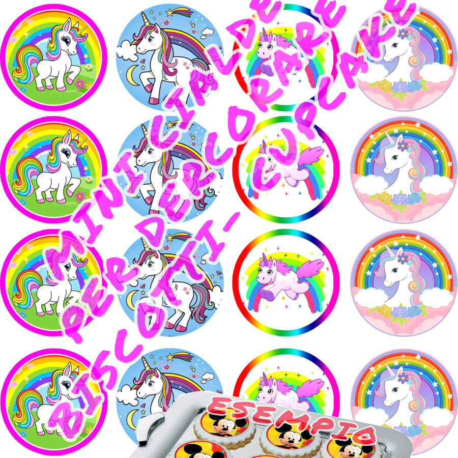 Mini cialde in ostia commestibili tonde per personalizzare biscotti e cupcakes UNICORNO ARCOBALENO, dischetti, sagome per dolci, cup cake, biscotti, muffin, dolcetti , toppers, disco, 011