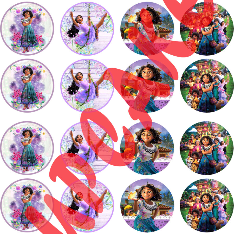 Mini cialde in ostia personalizzate per cupcakes ENCANTO MIRABEL DISNEY, dischetti, sagome per dolci, cup cake, biscotti, muffin, dolcetti , toppers, disco 01