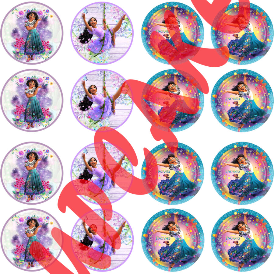 Mini cialde in ostia personalizzate per cupcakes ENCANTO MIRABEL DISNEY, dischetti, sagome per dolci, cup cake, biscotti, muffin, dolcetti , toppers, disco 02