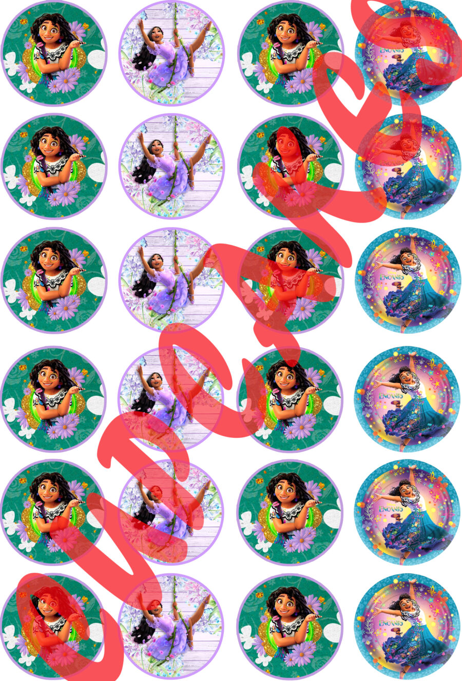 Mini cialde in ostia personalizzate per cupcakes ENCANTO MIRABEL DISNEY, dischetti, sagome per dolci, cup cake, biscotti, muffin, dolcetti , toppers, disco 03