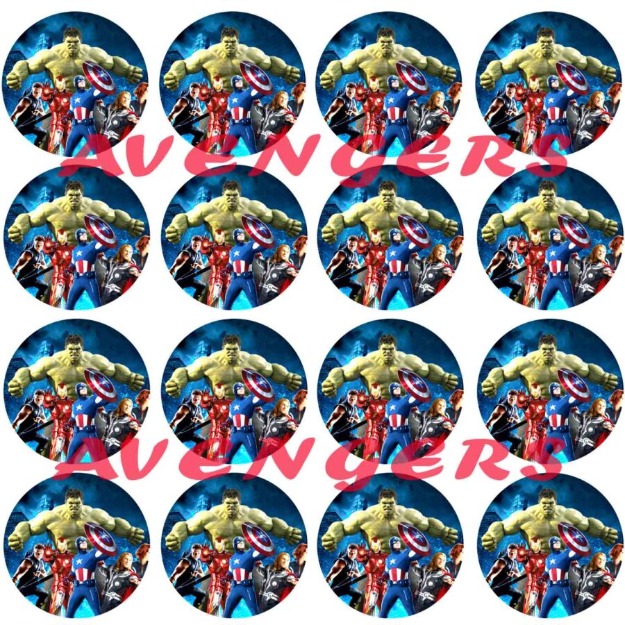 Mini cialde in ostia commestibili tonde per personalizzare biscotti e cupcakes AVENGERS SUPER EROI, dischetti, sagome per dolci, cup cake, biscotti, muffin, dolcetti , toppers, disco, AG