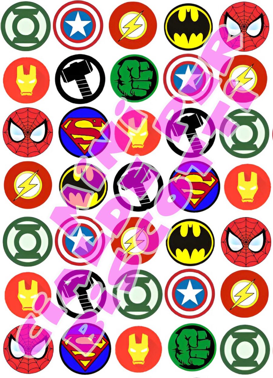 Mini cialde in ostia commestibili tonde per personalizzare biscotti e cupcakes AVENGERS SUPER EROI, dischetti, sagome per dolci, cup cake, biscotti, muffin, dolcetti , toppers, disco, AH