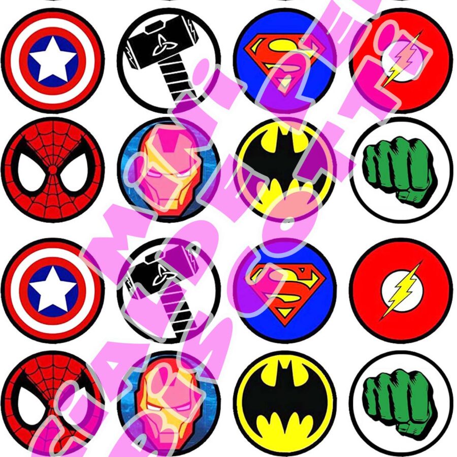 Mini cialde in ostia commestibili tonde per personalizzare biscotti e cupcakes AVENGERS SUPER EROI, dischetti, sagome per dolci, cup cake, biscotti, muffin, dolcetti , toppers, disco, AB