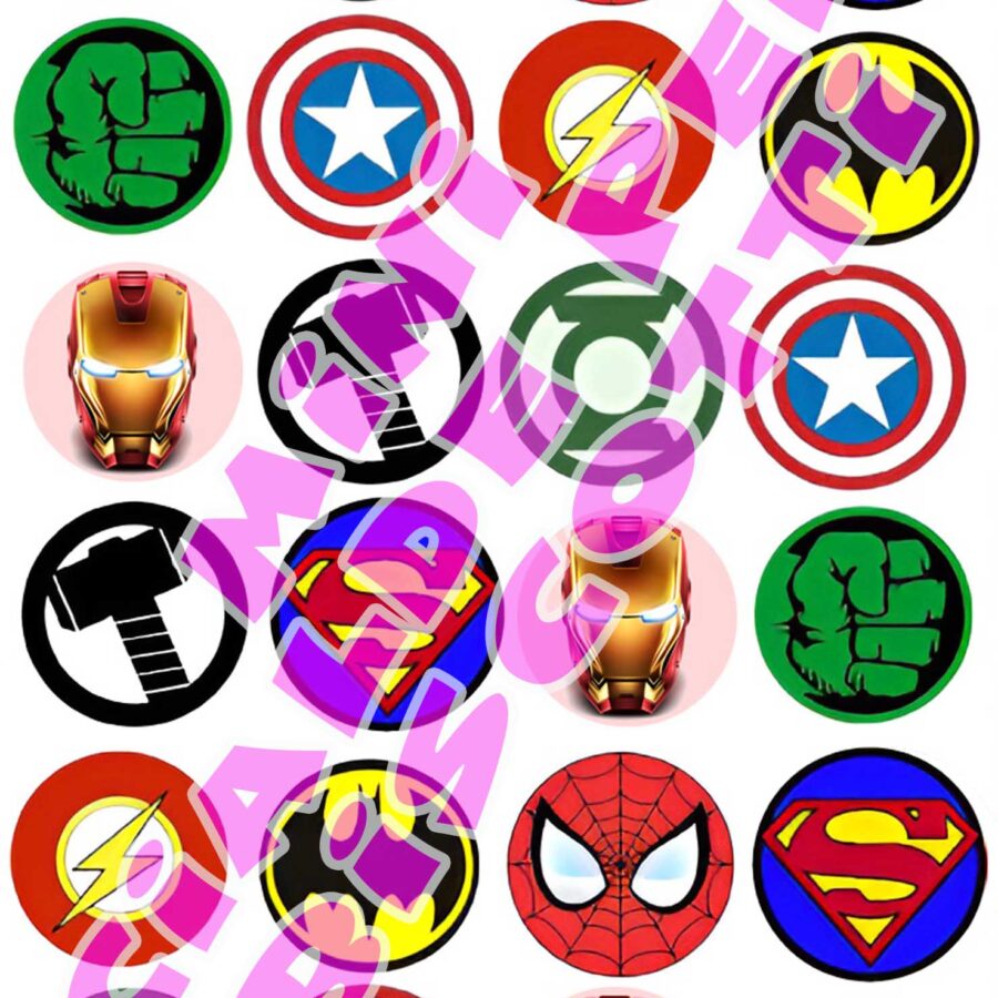 Mini cialde in ostia commestibili tonde per personalizzare biscotti e cupcakes AVENGERS SUPER EROI, dischetti, sagome per dolci, cup cake, biscotti, muffin, dolcetti , toppers, disco, AC