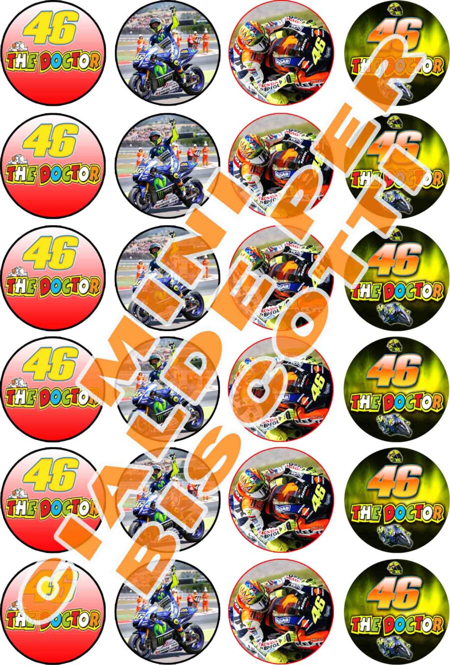 Mini cialde in ostia commestibili tonde per personalizzare biscotti e cupcakes MOTO DA CORSA, VALENTINO ROSSI, dischetti, sagome per dolci, cup cake, biscotti, muffin, dolcetti , toppers, disco, AA